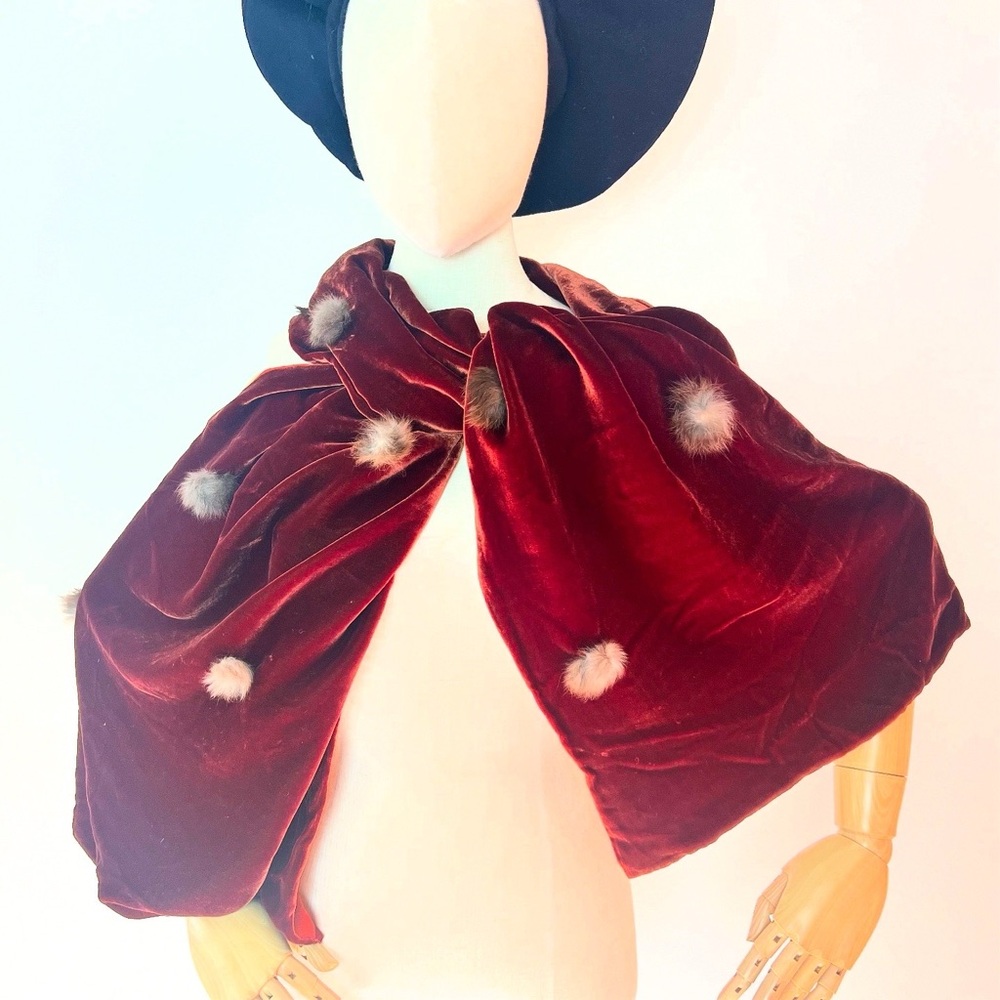 RUST SILK VELVET & SATIN 1950’s 50s Vintage Retro Vintage Rabbit Fur Shawl Wrap - Picture 6 of 16